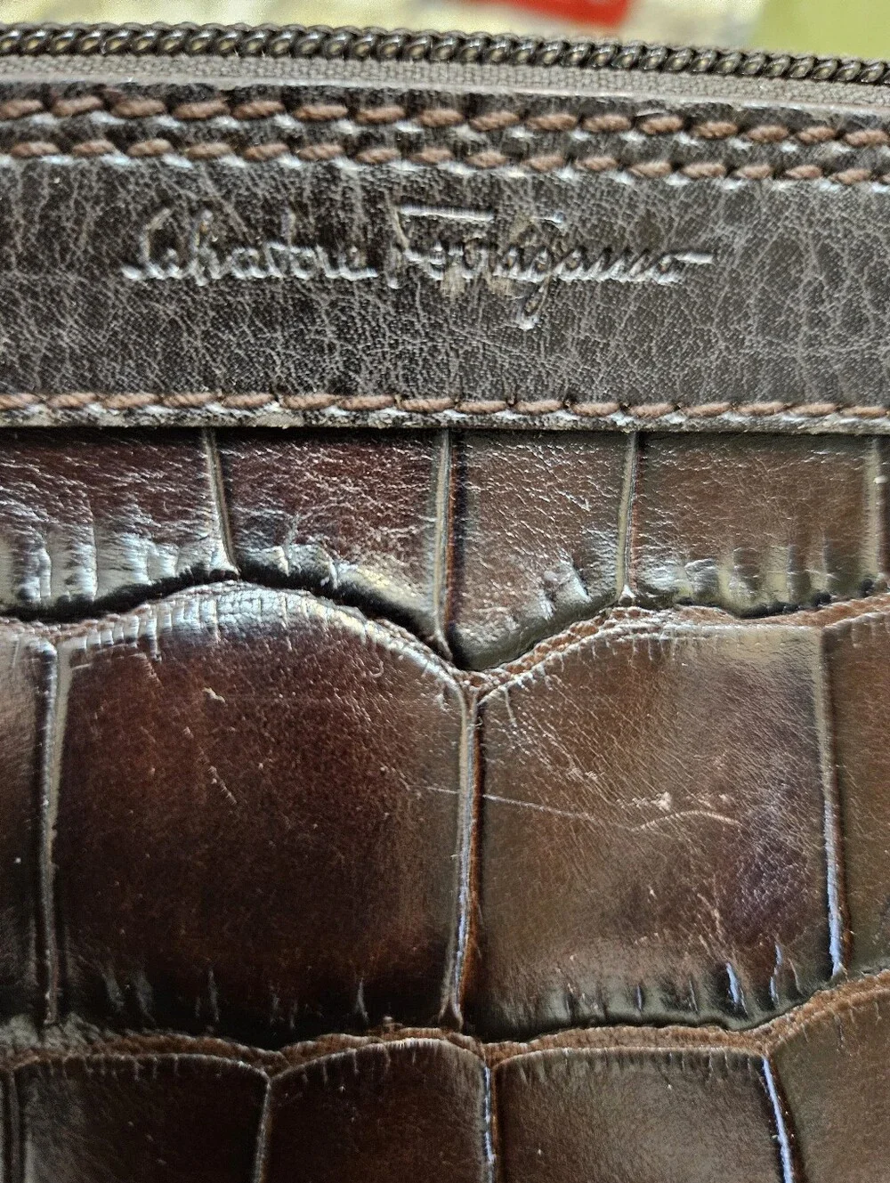Authentic SALVATORE FERRAGAMO Croc Leather Clutch